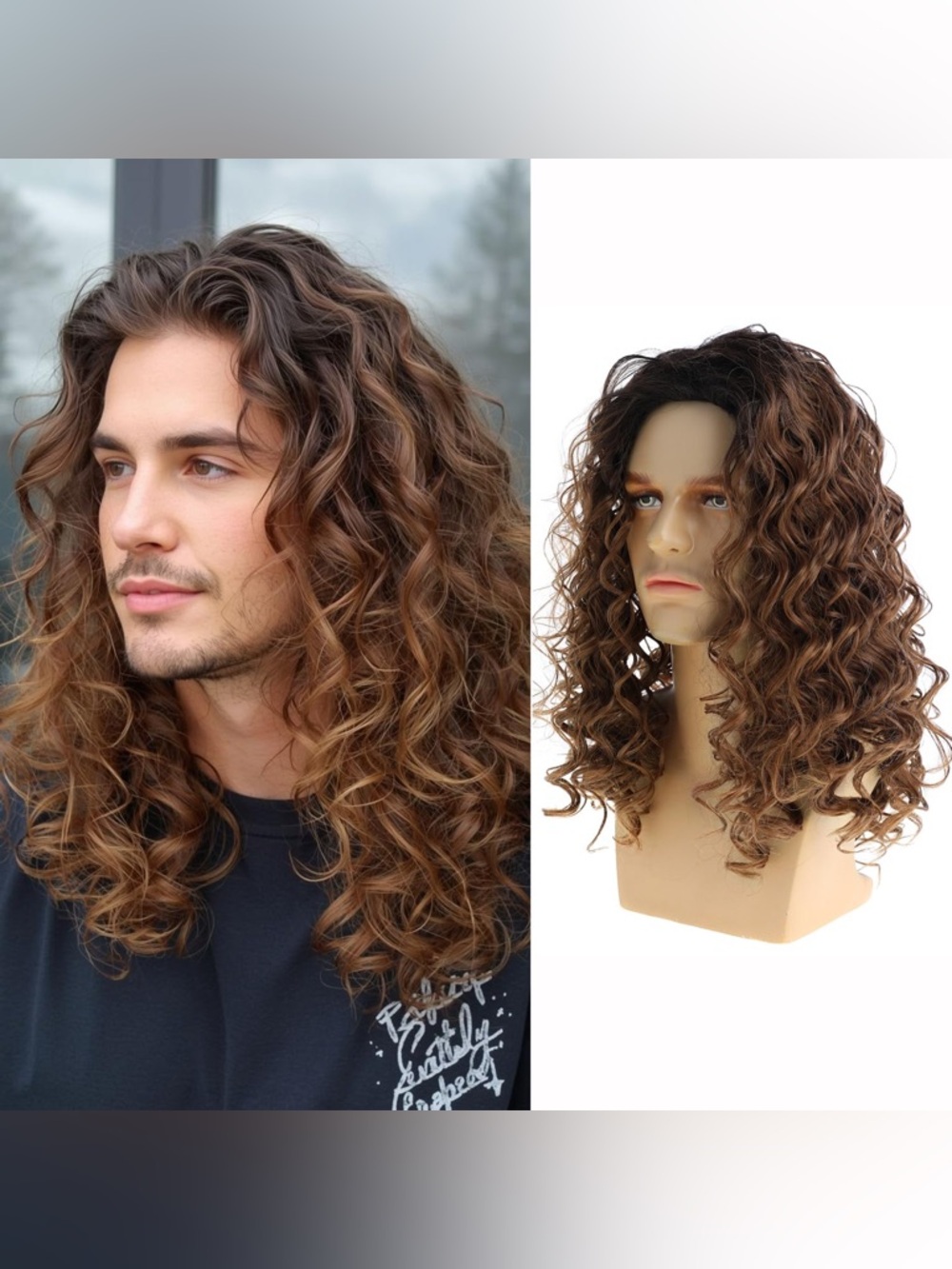 Men's Long Curly Brown Wig - Natural Chestnut Waves- Women Can Also Wear